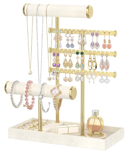 TANOSAN Schmuckständer aus Holz & Samt, Schmuckbaum mit Ohrringständer, Kettenhalter, Armbandständer & Ringablage, für Verkaufsdisplay und Aufbewahrung, Alles sichtbar griffbereit