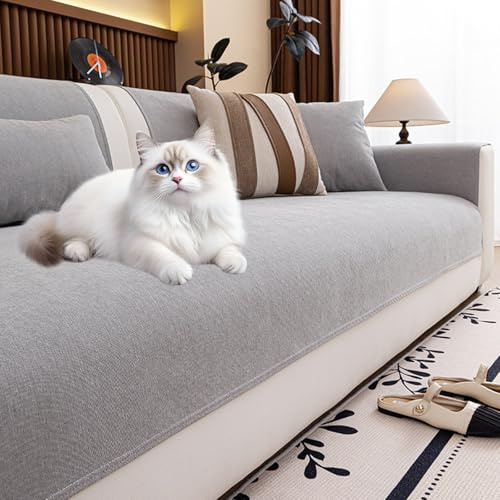 Generico Fodera Divano Componibile[ Per Cani/Gatti] - Chenille Impermeabile Lavabile, Antiscivolo, Anti-Graffi [4 Stagioni Anti Pelo](Light grey,90x280cm)