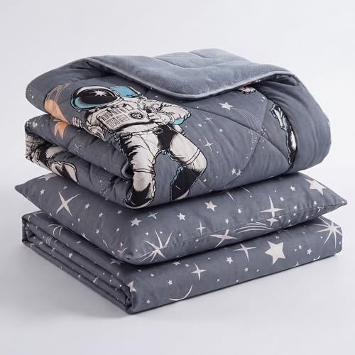 Formeya Astronauten-Design Bettdecken-Set für Kinder, 3-teilig mit 135x200 cm Wellsoft Steppdecke, 135x200 cm Bettlaken und 80x80 cm Kopfkissenbezug, für Mädchen und Jungen