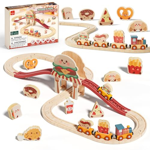Lehoo Castle Wooden Train Set for Toddlers 2-4, Burger Theme Train Track Set Compatible with Major Brands, Expandable Wooden Railway Toy, Gift for Boys & Girls Ages 3-5