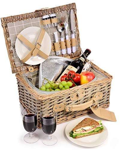 Sänger | Picknickkorb Amrum, 13-teiliges Komplettset für 2 Personen, mit Besteck, Teller, Gläser, Salz- & Pfefferstreuer