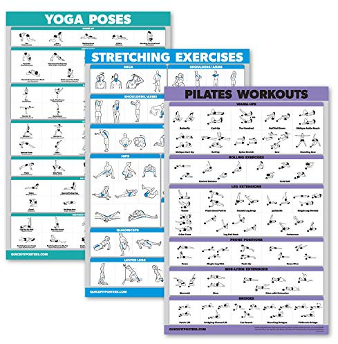 QUICKFIT 3er-Pack – Yoga-Posen + Dehnübungen + Pilates-Matte Arbeitsposter-Set – Set mit 3 Workout-Diagrammen (laminiert, 45,7 x 68,6 cm)