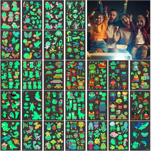 Tatuaggi per Bambini 30 Fogli 400 Style Tatuaggi Luminosi per Bambini con dinosauri Sirena Unicorno Farfalle Squalo Spazio Auto ecc, Gadget Compleanno Bambina e Bambino, Regalini Fine Festa Compleanno