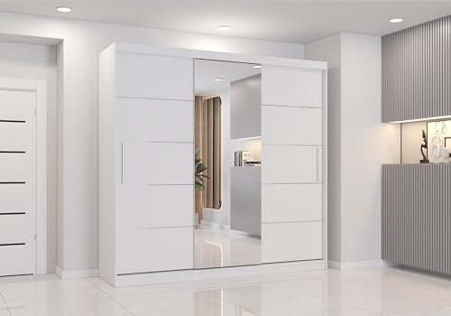 Fabryka Mebli Idźczak Kleiderschrank mit Spiegel, Schiebetüren - Weißer Schwebetürenschrank, Schlafzimmerschrank - 61 x 233 x 218 cm - Schrank für Schlafzimmer, Ankleidezimmer, Garderobe