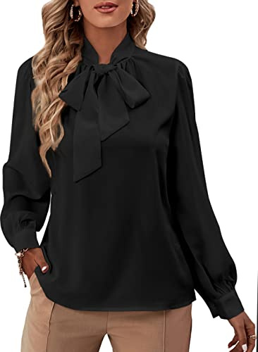 Rooscier Women's Bow Tie Neck Long Sleeve Buttton Cuff Chiffon Elegant Blouse, Black, X-Large