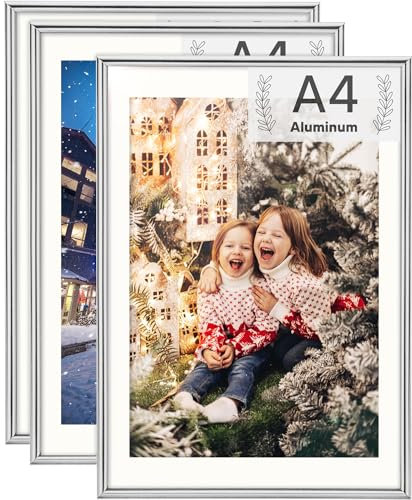 Rieeyrslza Cornice in Alluminio A4 Cornici per Documenti Cornice Foto da Tavolo Set di 3 Cornice Foto Adatto per La Casa e La Scuola(Argento)