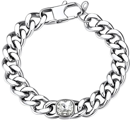 Bestyle Armband Herren Damen 11mm breits Edelstahl Panzerarmband mit Weißer Cubic Zirkonia Massives Kubanisches Armkette Hip Hop Armschmuck 19cm lang Silberfarben