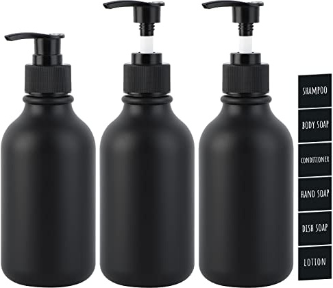 Segbeauty Matt Dispenser, 3 Stück 300ml Schwarz Seifenspender Set für Lotion Shampoo Duschgel, Spülmittelspender zum Befüllen mit Wasserfester Etiketten, Nachfüllbar Plastikflasche für Küche Bad