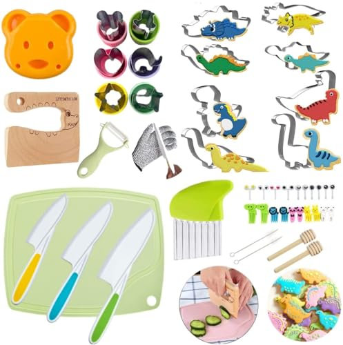 LETTO & TAILOR Set di coltelli e forme per il pane e le verdure per bambini, 47 pezzi, forme per biscotti, frutta, sandwich e taglierina per verdure, in forma di topolino e dinosauro