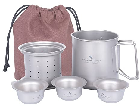iBasingo 500ml Titanium Single-Layer Tea Cup Set with 3x40ml Mini Cups - Portable Travel Tea Set with Lid, Filter & Carry Pouch - Compact Kung Fu Tea Service for Camping, Hiking & Outdoor Ti3126D