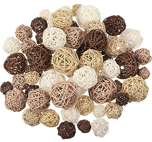 Patelai 72 Pcs Wicker Rattan Balls Decorative Balls for Vase Centerpiece Bowls Orbs Filler for Spring Summer Craft Home Decor, 4 Sizes(White, Wood, Camel, Coffee)