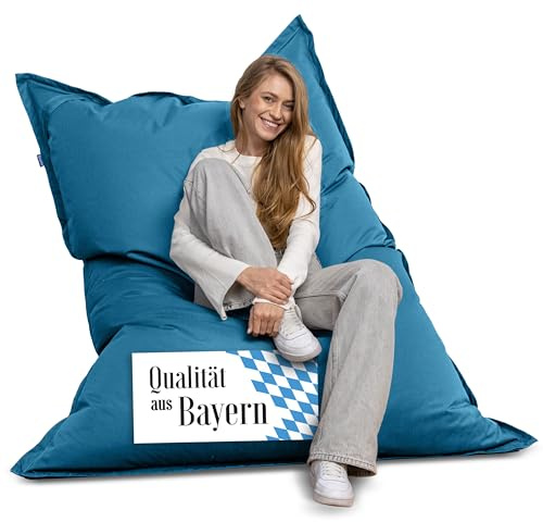 Bruni Jättesaccosäck Caree i blått – rektangulär XXL-sittsäck med 140 x 180 cm och 400 l fyllning, bean-bag med innerfodral, liggsäck, avtagbart överdrag, inomhus och utomhus, från Tyskland