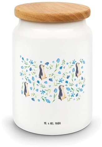 Mr. & Mrs. Panda Vorratsdose Pinguinliebe Design - Geschenk, Leckerlidose, Blumen, Vorratsdosen Keramik, Keramikdose, Blaue Blumen, Vorratsdosen