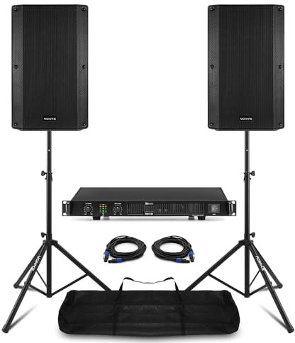 VONYX VSA12P Passive Speaker System with PDA-B1000 Amplifier, 12 Inch DJ PA Speakers, Tripod Speaker Stands & NL2 Speakon Cables, Complete Passive PA Speakers Set (800W)