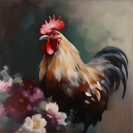 adrium Acryl-Bild 100 x 100 cm: Illustration eines Hahns mit Blumen auf dunklem Hintergrund. (213064204)