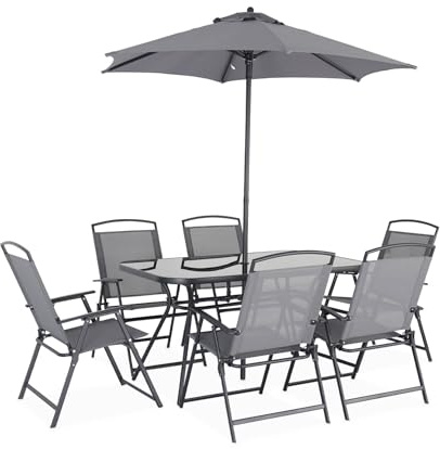 Alice's Garden - Table de Jardin Acier avec Parasol + 6 assises. Anthracite. Structure Acier avec revêtement Anti Rouille
