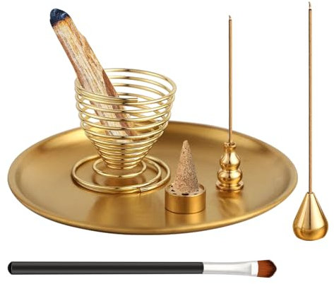 ZOCONE Gold Räucherstäbchen Halter Set, 6-in-1 Messing Räucherstäbchenhalter Platte, 9 Loch Incense Holder Wassertropfen Räucherstäbchenbrenner für Räucherstäbchen Räucherkegel Meditation Yoga Zubehör