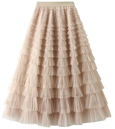 Jemsia Tyllkjol för kvinnor, midi, volanger, nivå, kakkjol, elegant, elastisk hög midja, A-linje, underkjol, nät, lång tutu, blommiga kjolar för bal, hemkomst, födelsedagsfest, Aprikos, en storlek