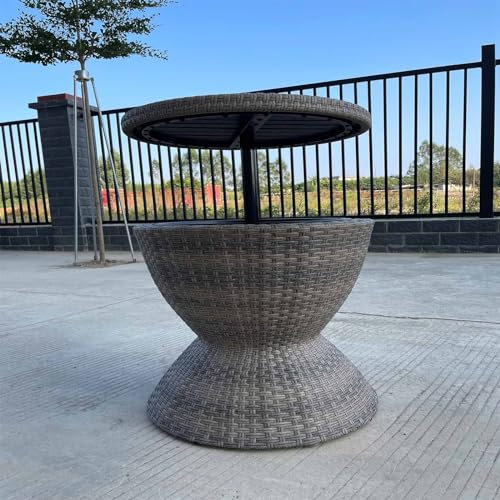 WENNEWU Patio Cooler Bar Table, Outdoor Rattan Side Table, High Imitation Pe Rattan, Adjustable Height, Ice Bucket, for Party, Pool, Deck, Backyard,Grey
