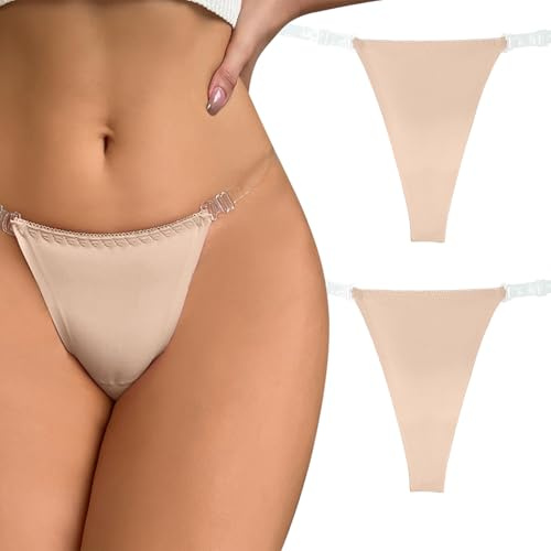 FEOYA Invisible Thongs for Women Clear Strap G String Thongs 2 Pack T-back Tangas Hipster Briefs Nude S