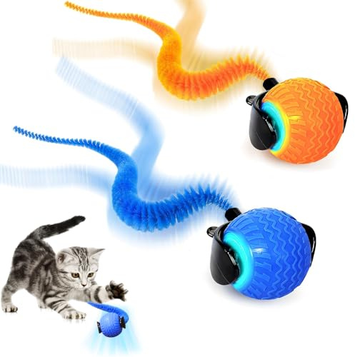 AVCXEC 2 Stück Interaktives Katzenball Spielzeug, Katzenball Elektrisch, Katzenspielzeug Ball Elektrisch, USB Wiederaufladbares, Katzenspielzeug Selbstbeschäftigung mit Schwanz und LED Leuchten