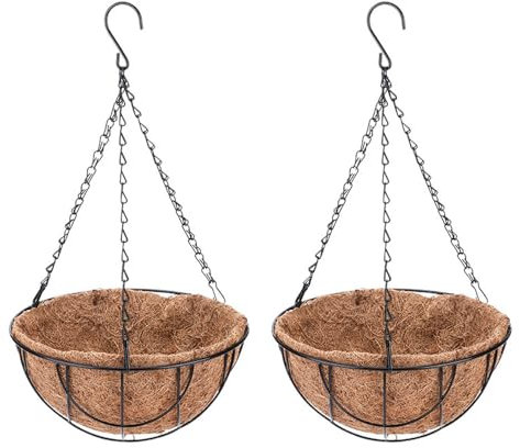 Lot de 2 pots de fleurs à suspendre en métal de 25,4 cm avec chaîne de palmier en noix de coco pour intérieur et extérieur, décoration d'intérieur, balcon, bureau, jardin