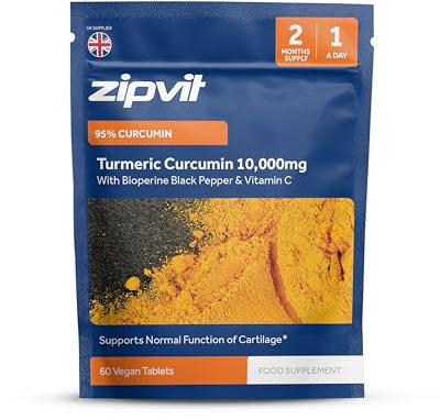 Zipvit Turmeric Tablets 10,000mg Providing 95% Active Curcumin with Bioperine Black Pepper & Vitamin C, 60 Vegan Tablets, 1 a Day, 2 Month Supply