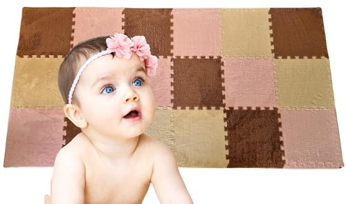 MATE HOME® 18 Piezas Terciopelo EVA, Alfombra Puzzle de Terciopelo para Niños | Colchoneta Rompecabezas Infantil | Gomaespuma EVA, Tamaño de Cada Pieza 30 x 30 cm (BEIGEMARRONROSA)