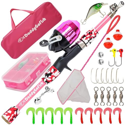 DaddyGoFish Kids Fishing Pole - Rod Reel Combo Tackle Box Starter Set - First Year Small Gear Kit for Boys Girls Toddler Youth Age Beginner Little Children (Essential Set, Pink, 5ft)