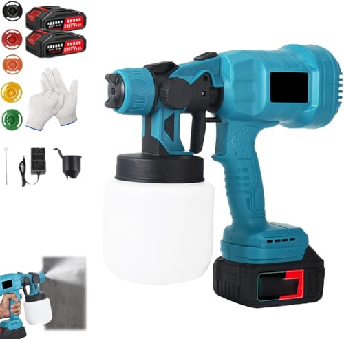 Farbsprühsystem Akku Mit 5 Düsen, Wireless Electric Paint Sprayer, Farbspritzpistole Elektrisch Mit 1/2 X Akku Und 800 Ml Tank Zum Wandfarbe, Zäunen, Decken, Schränken (10 Zellen,2 Batterien)