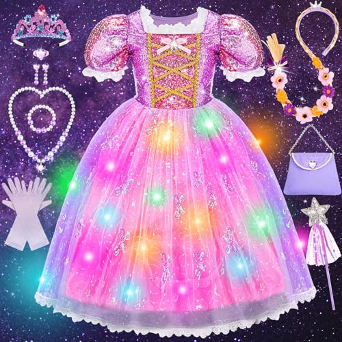 iKidiki LED Robe Princesse Fille Deguisement avec Accessoires de Baguette Magique Halloween Lumineux Carnaval Cosplay Fête D'anniversaire