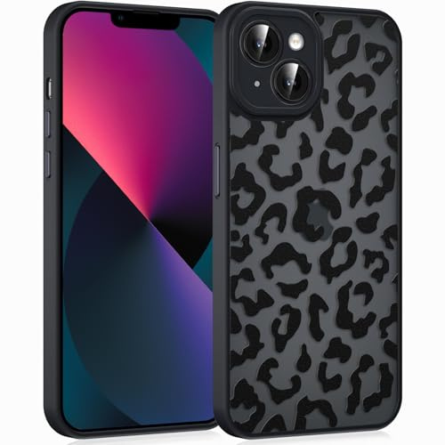 Coqinen Handyhülle für iPhone 13 Hülle, Matt Transluzente Case mit Stilvolle Leopard Muster, Silikon Schutzhülle mit Kratzfeste PC Rückseite + Stoßfest TPU Bumper - Schwarz