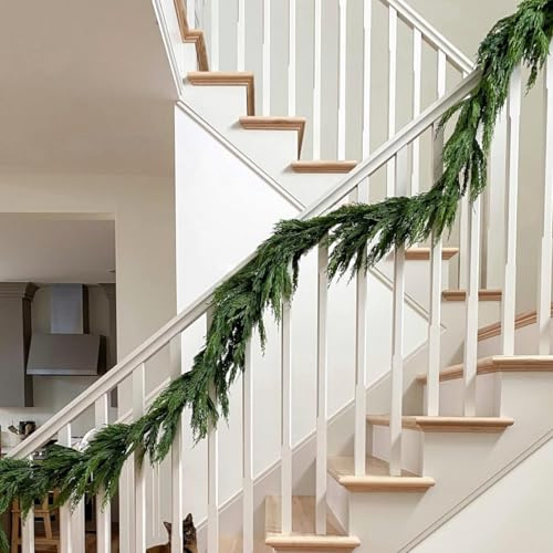 Jutom 1 PC 6 ft Christmas Cedar Garland - Real Touch Cedar Needles Decorations Artificial Faux Holiday Greenery Garland for Seasonal Table, Mantel & Stair Decor