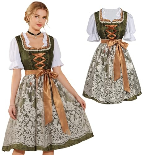 Celvibe Robe traditionnelle Dirndl midi pour la fête de la bière - Robe traditionnelle pour femme - Chemisier Dirndl - Robe traditionnelle avec tablier en dentelle, vert, M