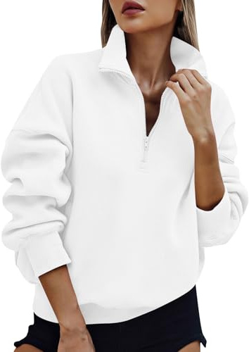 Womens Half Zip Sweatshirt Solid Casual 1/4 Zip Pullover Tops Autumn Winter Cosy Jumpers Ladies Sweaters Quarter-Zip Fleece Sweatshirt with Pockets Knitwear Fashion Casual Long Sleeve Top White