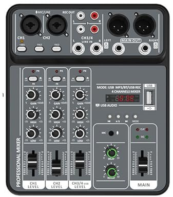 Console de mixage USB à 4 canaux de petite taille - Corps en métal - Pour karaoké - Noir et gris - Son en temps réel