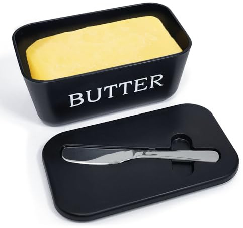 Aieino Butter Dish with Lid & Knife Stainless Steel Food Grade Plastic Box | Butter Container, Cheese Keeper, BPA-free, for Home,Kitchen Refrigerator Countertop (Black)