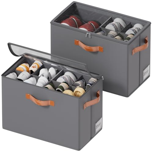 ISusaid 2 Pack Shoe Organizer for Closet, Foldable Shoe Storage Organizer with Adjustable Dividers and Clear Cover, Stackable Fabric Closet Shoe Organizer Storage Box Fits 16 Pairs, Gray