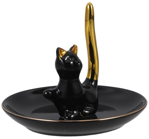 TOPPERFUN Keramik Schmuckablage mit Niedlicher Katzenfigur Kompakte Ring Schlüsselablage Elegantes Dekotablett für Schmuck Desktop organizer Platzsparend Vielseitig für Zuhause und