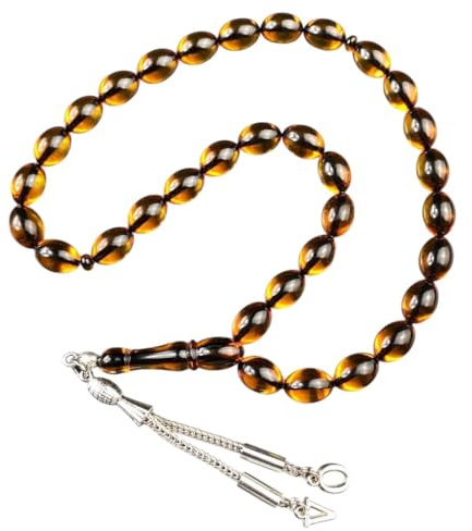 Generisch Tesbih Gebetskette Ates Kehribar Bernstein Karamellbraun mit personalisierter Quaste – 33 Perlen – Handgefertigt – Geschenk für Männer – Türkischer Rosenkranz – Misbaha – Tespih Islamisch