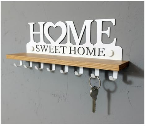 SirHoldeer Schlüsselbrett mit Ablage aus Echtholz & Metall Weiss | Wandorganizer mit 8 Haken für den Flur | Home Sweet Home Design zur Wandmontage