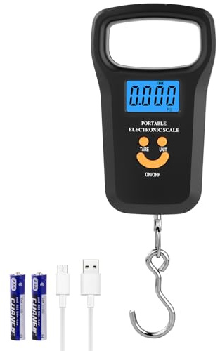 OSDUE Digitale Kofferwaage, 110lb/50kg Gepäckwaage mit Großem Griff, Fischwaage, Doppelte Energieversorgung (Batterie/Aufladbar), Beleuchtetes Display, inkl. 2 AAA-Batterien & USB-Ladekabel