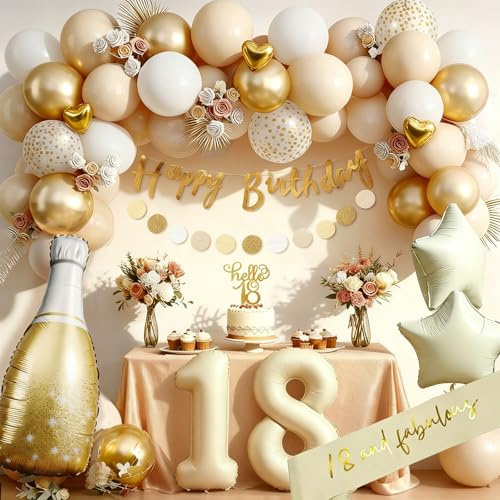 18 Geburtstag Deko, Geburtstagsdeko 18, Beige Gold Ballon Deko mit Happy Birthday Girlande, Deko 18. Geburtstag Luftballons für Männer Frauen 18. Geburtstag Dekorationen