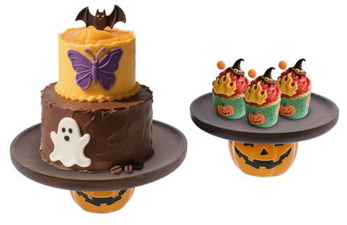 Zalydala Lot de 2 bols à gâteau d'Halloween - Design citrouille - Bois d'acacia avec revêtement en cire - Pour cupcakes et desserts (20,46 cm et 25,4 cm, 1,9 kg)