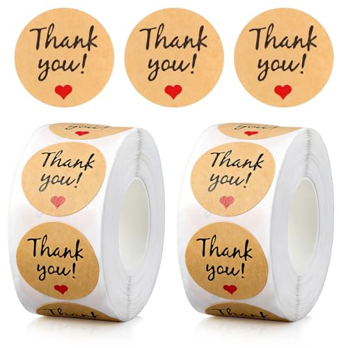 DOPENSPI 1000 adesivi di carta con scritta Thank You, 2,5 cm, per piccole imprese, colore marrone, autoadesive, rotonde, per imballaggi, regali, buste e boutique (simbolo del cuore)