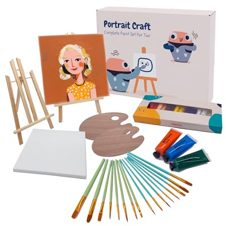 Artnova Set da pittura per 2 persone: set fai da te con 2 tele, cavalletti, pennelli, tavolozze, colori acrilici e istruzioni, ideale per ritratti, regalo creativo per partner, amici o principianti