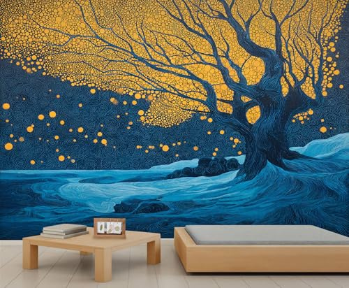 Tree Mural Abstract Nature Starry Sky Mural Wallpaper Blue and Gold Wallpaper for Bedrooms Living Room Poster 300 X 210 cm