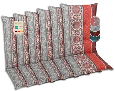 GO-DE Textil Bequeme und attraktive Polsterauflagen für Hochlehner-Gartenstühle (6er-Set, Ornamentstreifen rot, Hochlehner)