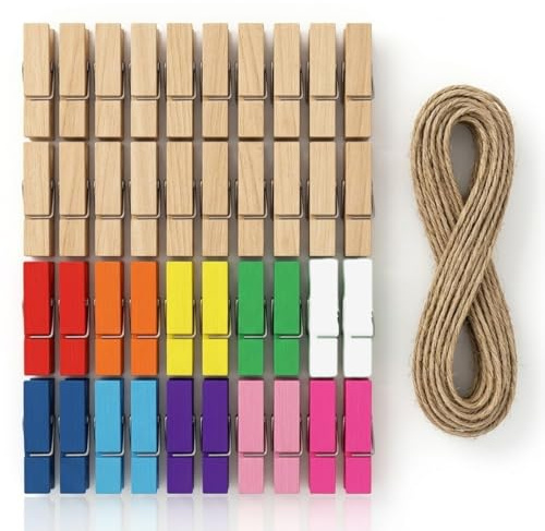 JIRVEX 40 pinzas de madera pequeñas con cuerda para fotos, mini pinzas de madera para colgar fotos, tarjetas, decoración de bodas y pared de fotos