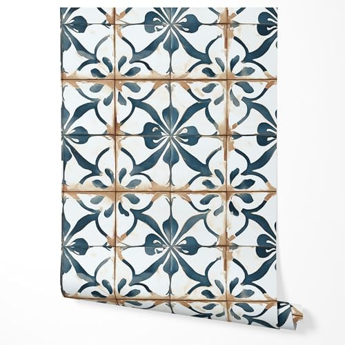 GP TONER Vliestapete Fliesenoptik Blau Weiß Ornament Vintage 3D Azulejos Muster Mediterran Tapete Wohnzimmer Schlafzimmer Flur Küche Abwaschbar UV-beständige Tapete 5m x 0,5m